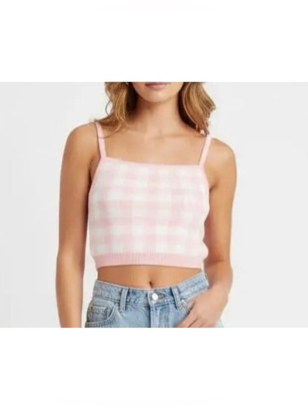 NWOT L Space Pink Gingham Check Knit Crop Cami